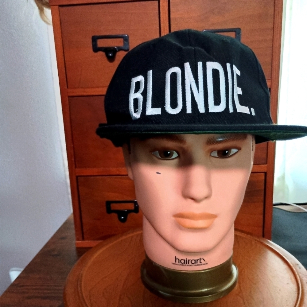 Black Snapback Hat with White Embroidered 'BLONDIE' Text